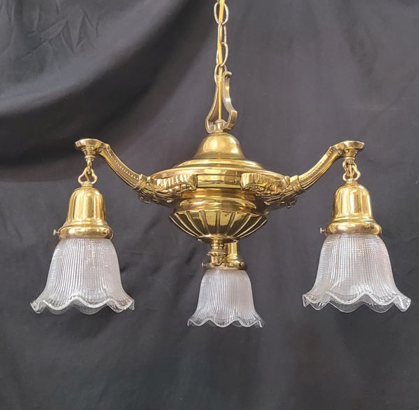 Restored 3 Light Victorian Brass Pan Chandelier w/ Shades 16" x 41" GS00986