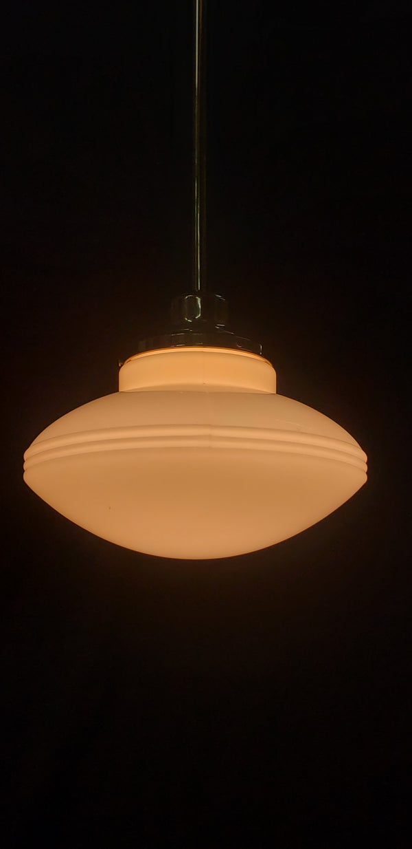 Restored Flush Mount Pendant Fixture w/ White Ribbed Shade 14" x 35" GS01010