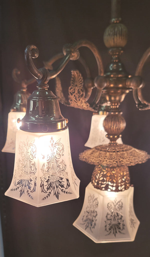 Ornate 6 Light Victorian Chandelier w/ Fluted Etched Shades 24" x 36" GS00997