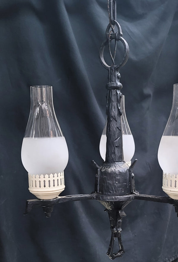 Gothic Style 3 Light Chandelier w/ Glass Chimneys & Brass Caps 19"x14" GS00949
