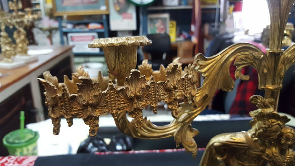 Antique Ornate Solid Brass Candelabra with Renaissance Design on Marble Base