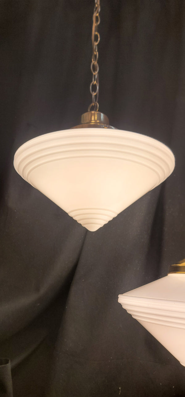 Set of 4 Restored Art Deco Brass Pendant Lights w/ Pointed Bullseye Shades GS01032