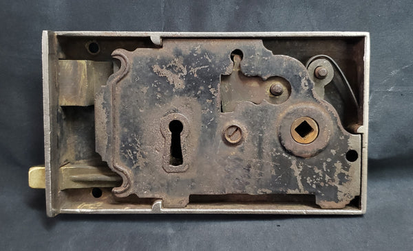 Restored Right Side Cast Iron Rim Lock with Keeper 6 9/16" x 4" GS00868