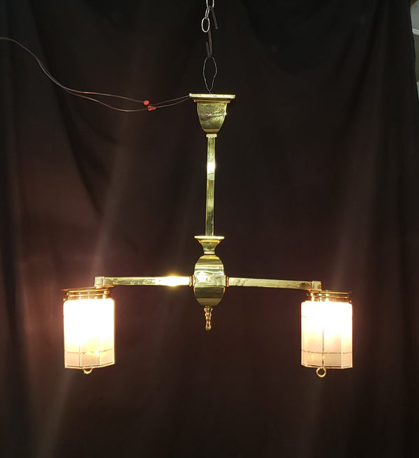 Restored Gas Converted 2 Light Brass Chandelier w/ Shades 26" x 28 1/2" GS00967