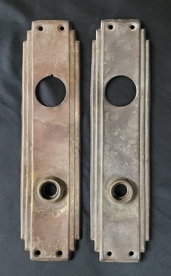 Pair of Brass Art Deco Backplates w/Deadbolt Hole 9 1/2" x 2 3/8" GS00876