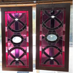 Pair of Framed Red & Purple Stained Glass Windows GA21075