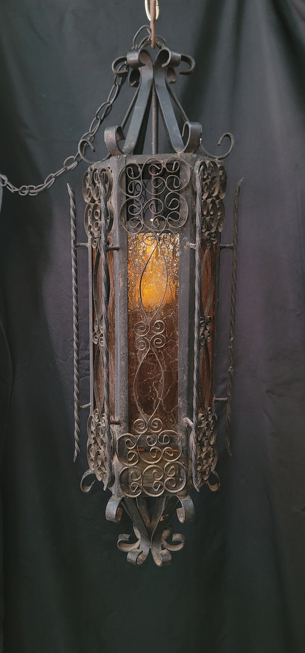 Victorian Gothic Wrought Iron Pendant Light w/ Textured Amber Glass 31"T GS00925