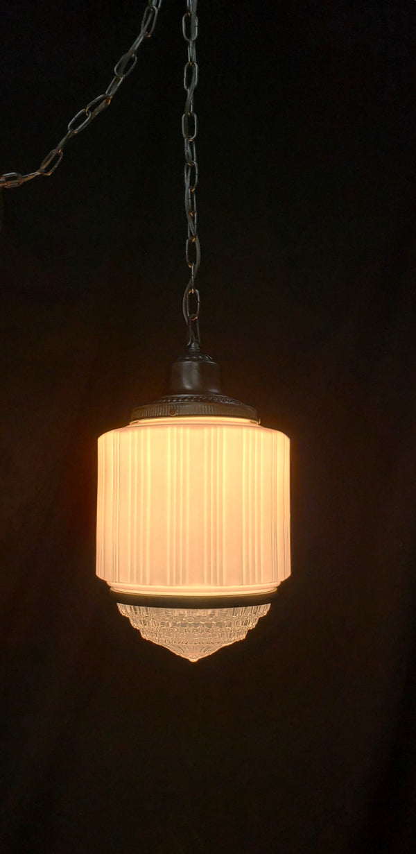 Restored Art Deco Pendant Light w/ Tiered Glass Bottom 17" T x 10" W GA1173