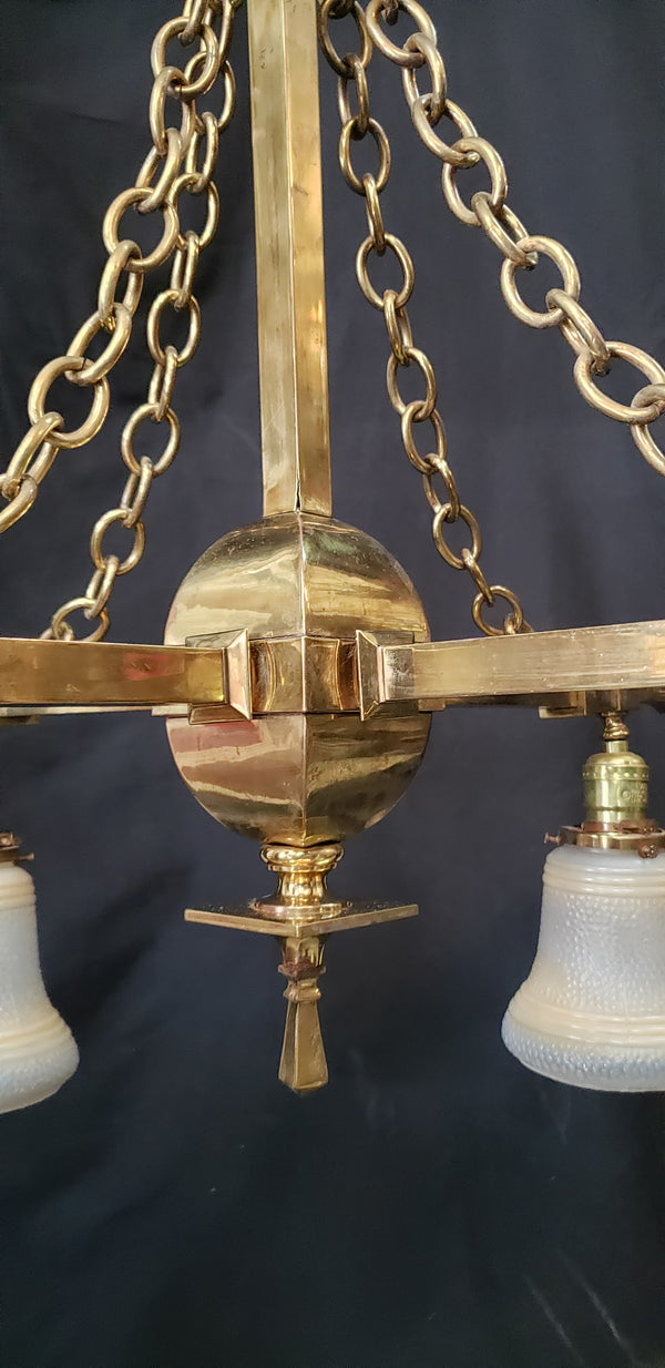 1900's 4 Light Brass Chandelier w/ Brass Chain Accents & Shades 24"x 44" GS00976