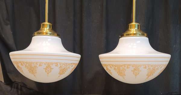 Restored Pair of Pendant Light Fixtures w/ Ornate Shades 17" x 35" GS01014