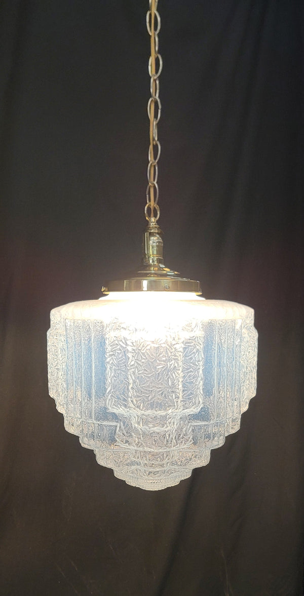 Restored Art Deco Pendant Light w/ Textured Tiered Opalescent Shade GS01023