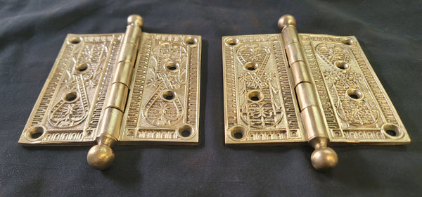 Restored Victorian Ornate Solid Brass Ball Pin Hinges  4 1/2" x 4 1/2" GS01041