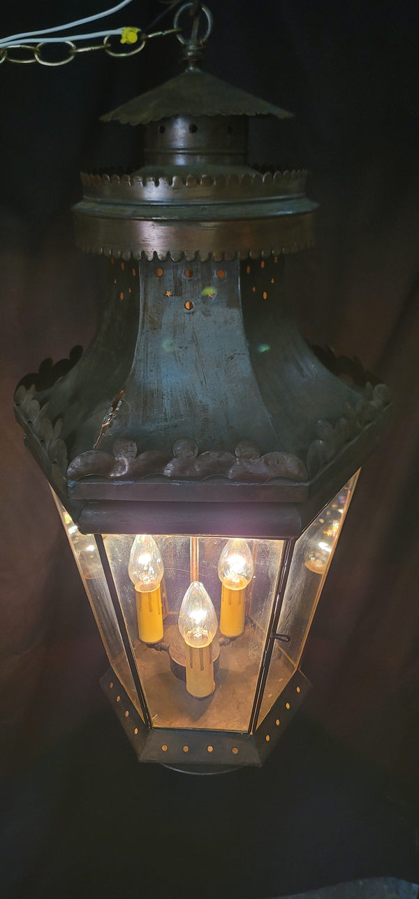 Large 3 Light Hanging Portico Lantern w/ Ornate Metal Trim 35" x 17" GS01012