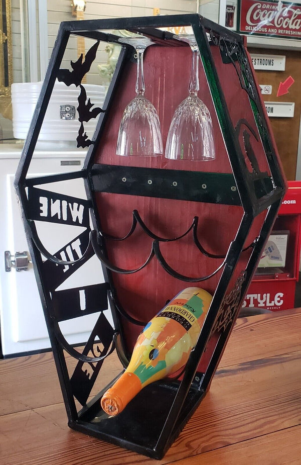 Custom Hand Crafted Coffin Shaped Iron & Wood Wine Rack GS00871