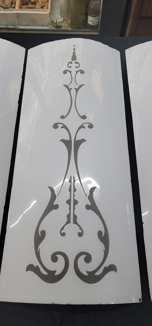 Rare White Cased Etched Curved Glass Panels 24" x 10" - 7 Available! GS00759