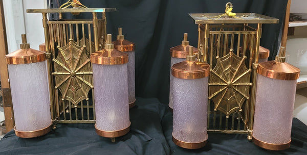 Pair of Art Deco Theatre Chandeliers w/ Spider Web Accents 23" x 17" GS01017