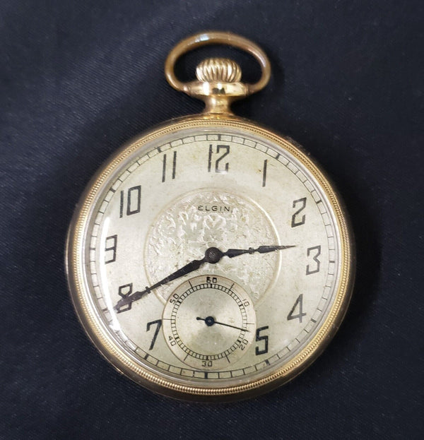 1929 Elgin 10K Gold Filled 7 Ruby Jewel Pocket Watch with 2 Tone Champagne Dial