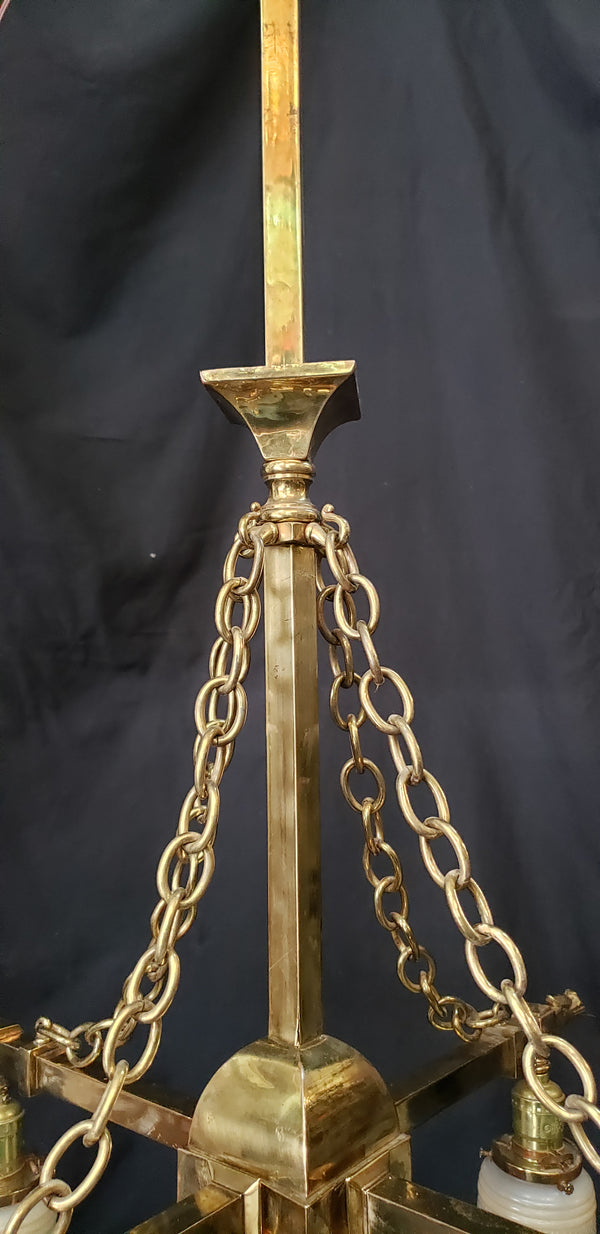 1900's 4 Light Brass Chandelier w/ Brass Chain Accents & Shades 24"x 44" GS00976
