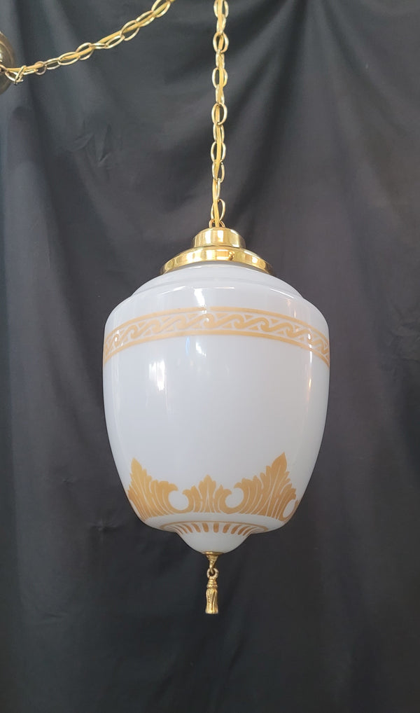 Restored Victorian Brass Pendant Light w/ Ornate Shade GS01030