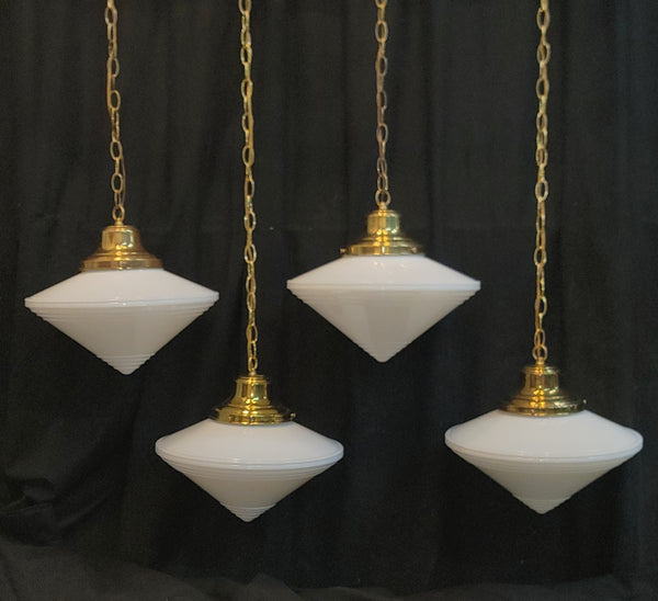 Set of 4 Restored Art Deco Brass Pendant Lights w/ Pointed Bullseye Shades GS01032