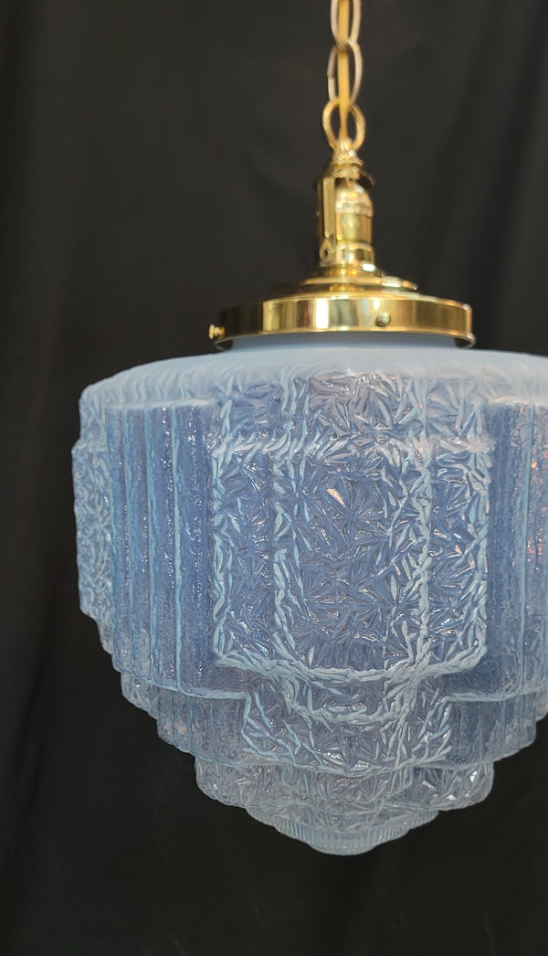 Restored Art Deco Pendant Light w/ Textured Tiered Opalescent Shade GS01023