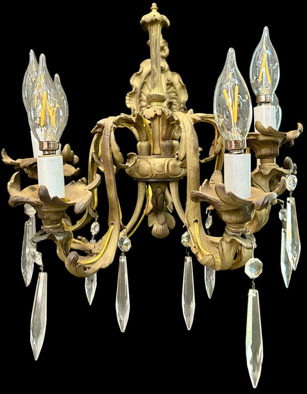 Restored Antique Solid Brass 5-Light Wall Sconce w/ Crystal Pendants GA20707