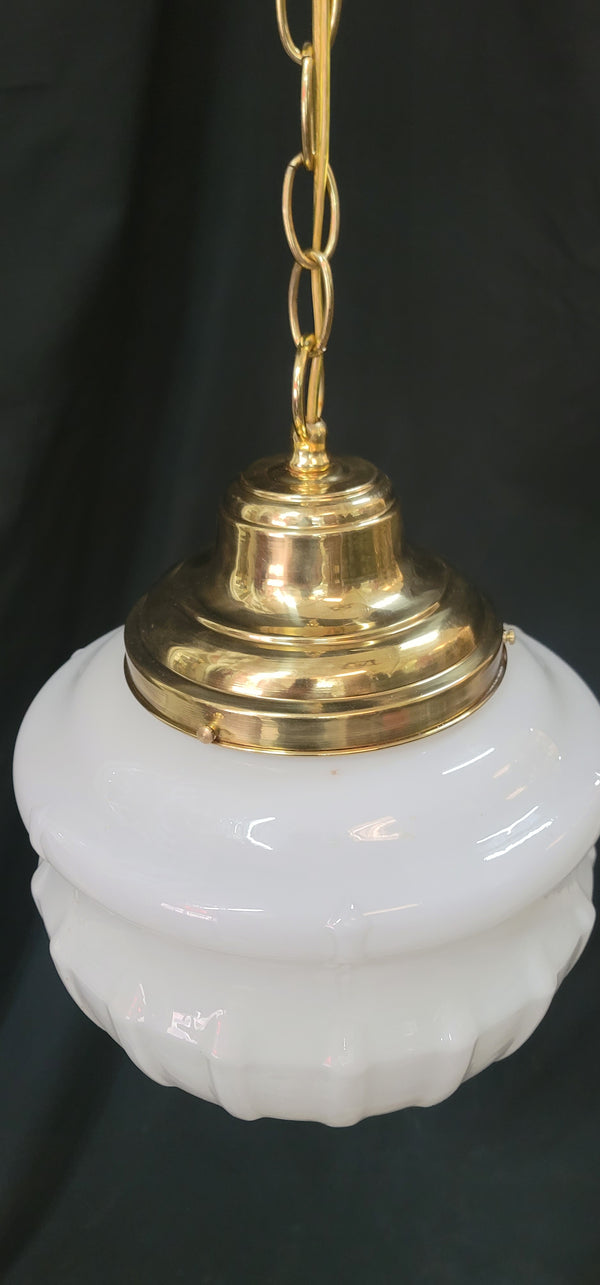 Restored Art Deco White Opaque Pendant Light Fixture with Brass Trim GA4347