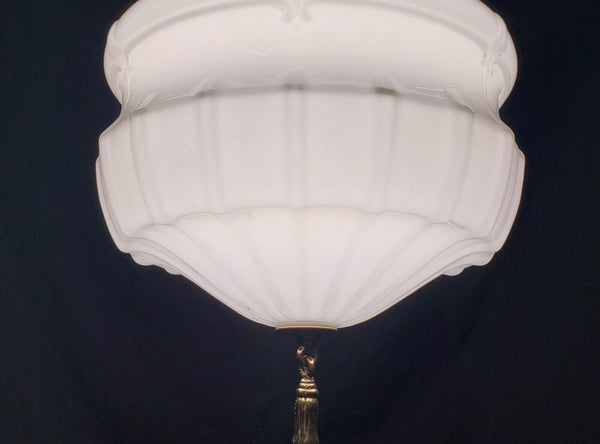Restored Art Deco White Opaque Pendant Light Fixture with Brass Trim GA4347