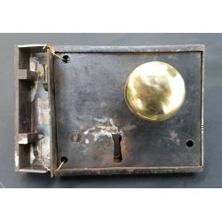 Restored Carpenter Rim Lock Set w/ Knobs Key & Keeper 5" x 4 1/4" GA4378