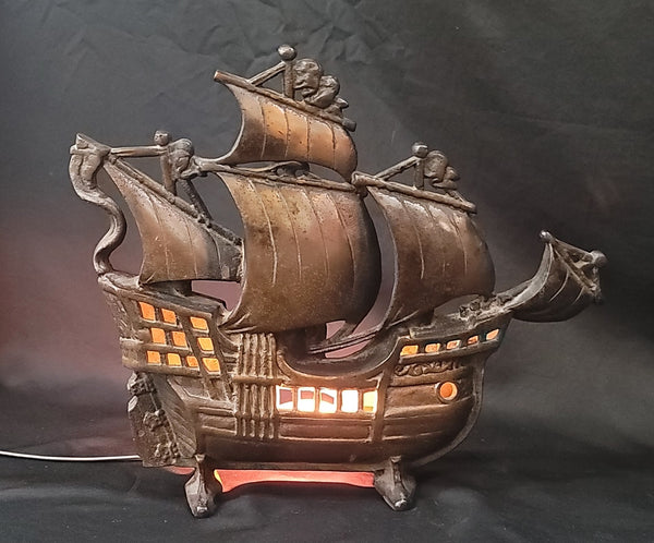 Vintage Cast Iron Galleon Sailing Ship Table Lamp 13" x 11" GS00872