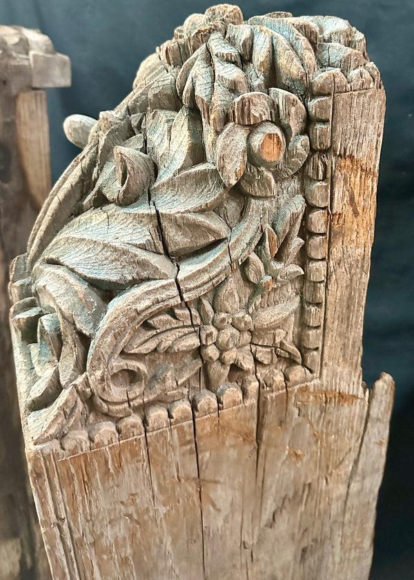 Antique Primitive Hand-Carved White Oak Newel Post Pair GA20529