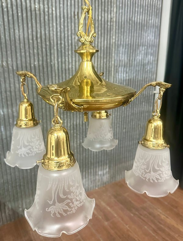 Restored Antique Brass Pan 4-Arm Chandelier GA21010