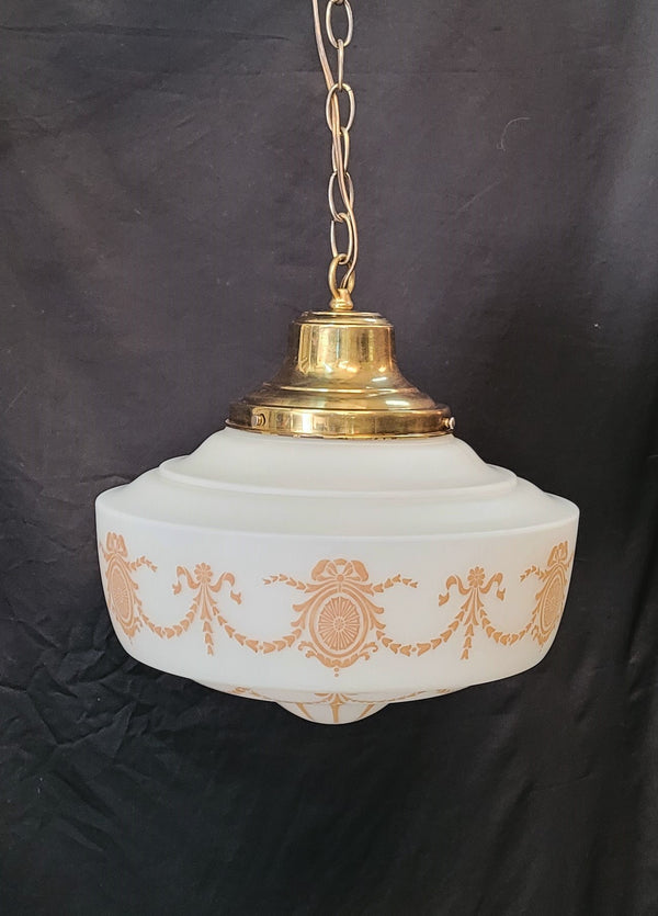Vintage White Schoolhouse Pendant Light w/Brass Bell Shaped Fitter GS00645