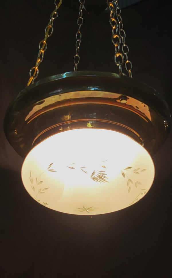 Restored Victorian Brass Pan Chandelier w/ Etched Glass Shade 16" x 45" GS00981