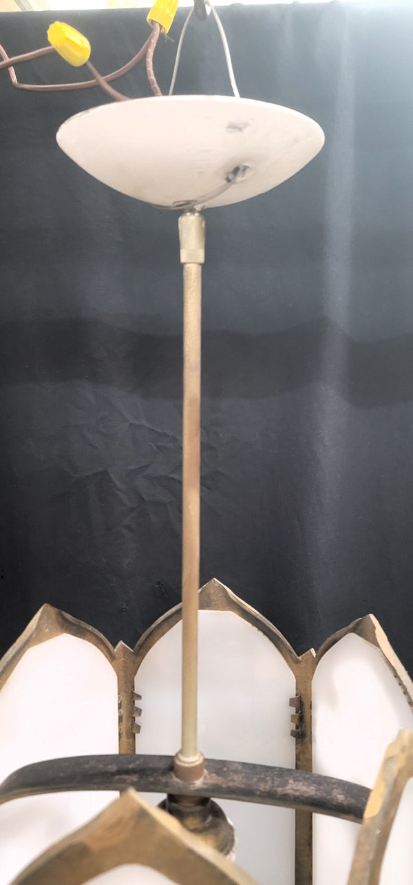 Gothic Brass Pendant Light w/ White Opaque Glass Panels 34" x 12" GS00953