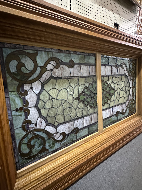 Antique Oak Framed 7+ Ft Long Stained Glass Window GA20812