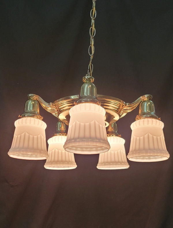 Restored 5 Light Brass Victorian Pan Chandelier w/ Textured White Shades GS01021