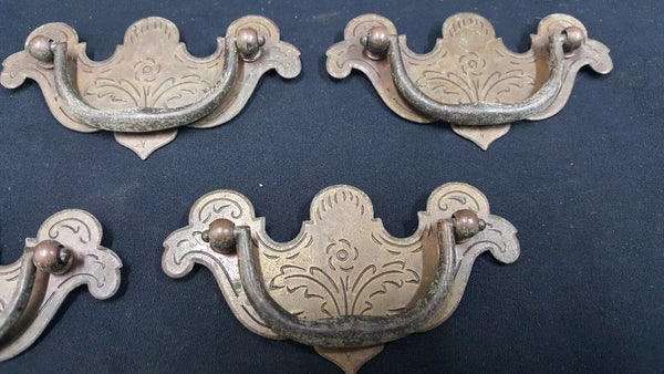 Architectural Salvage Brass Etched Floral Design Drawer Pull Handles Set of 9