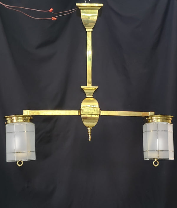 Restored Gas Converted 2 Light Brass Chandelier w/ Shades 26" x 28 1/2" GS00967