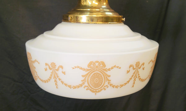 Vintage White Schoolhouse Pendant Light w/Brass Bell Shaped Fitter GS00645