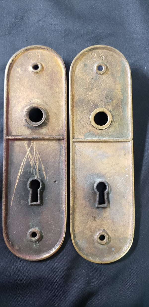 Restored Solid Brass Oval Doorknob Backplates w/ Keyholes 7 1/4" x 2 1/8 GA279