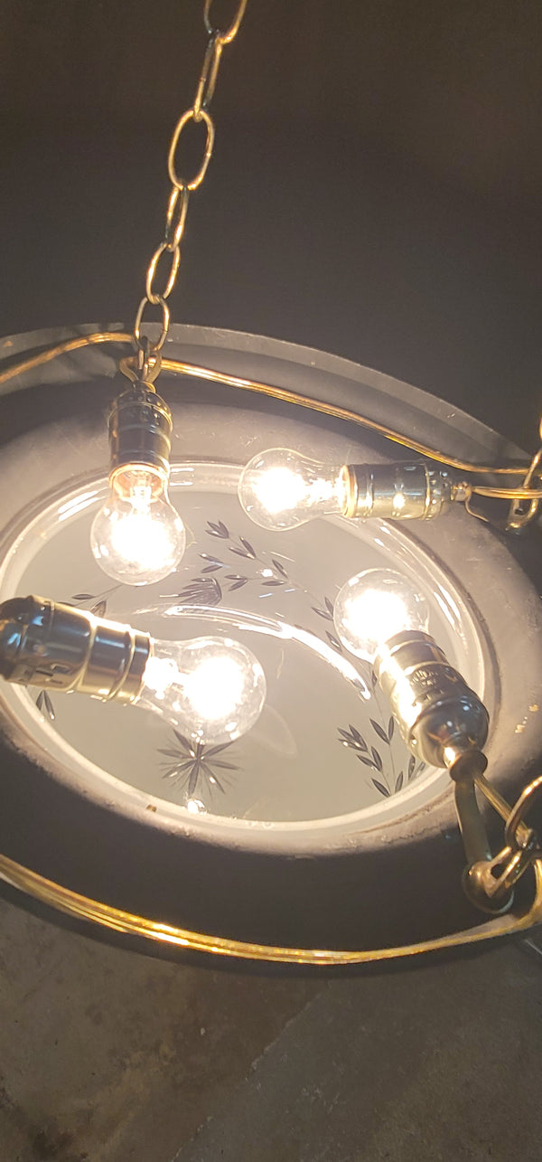 Restored Victorian Brass Pan Chandelier w/ Etched Glass Shade 16" x 45" GS00981
