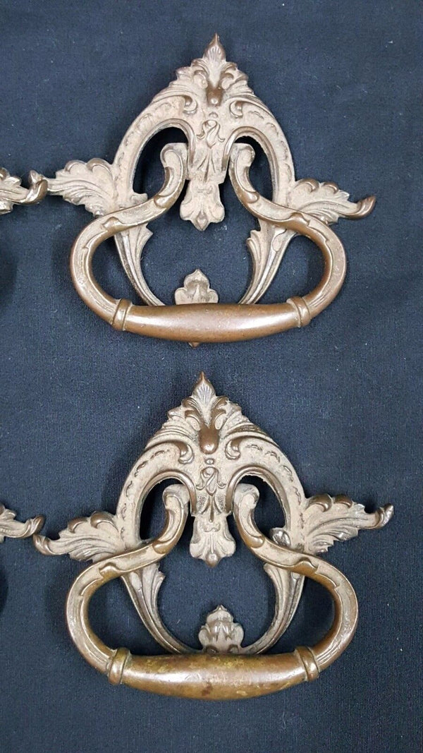 Architectural Salvage Ornate Scroll & Leaf Brass Drawer Pull Handles Set of 4