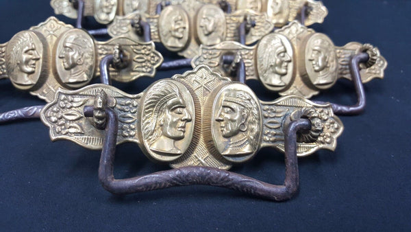 Architectural Salvage Brass Double Indian Head Design Drawer Pulls Set of 6