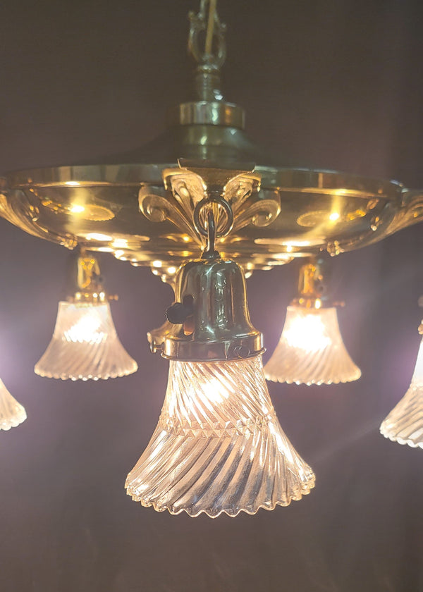 Restored 5 Light Brass Pan Chandelier w/ Glass Shades 22" x 15" GS00972