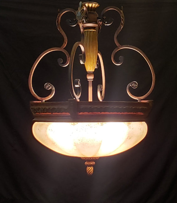 Tuscan Inspired Pendant Light with Scalloped Shade Faux Iron Scrolls & Leaf Trim #GA9180