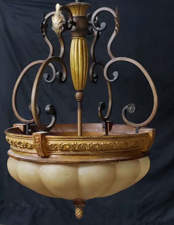 Tuscan Inspired Pendant Light with Scalloped Shade Faux Iron Scrolls & Leaf Trim #GA9180