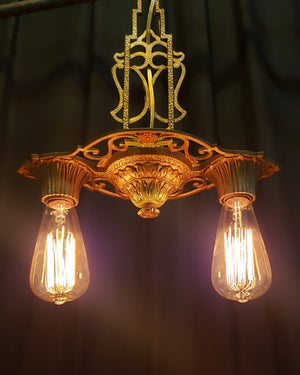 Restored Cast Iron Art Deco 2 Light Chandelier with Chain & Matching Ceiling Cap #GA9181