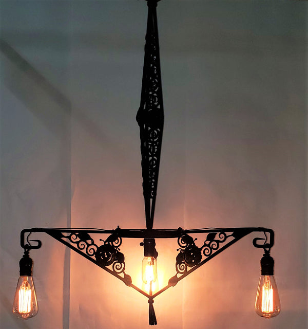 Black Filigree Wrought Iron Four Light Chandelier with Center On & Off Switch #GA9183
