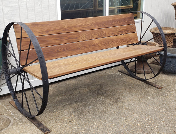 Custom Made Exterior Cambria Ash Bench with Iron Wagon Wheel Sides & Steel Frame #GA9184